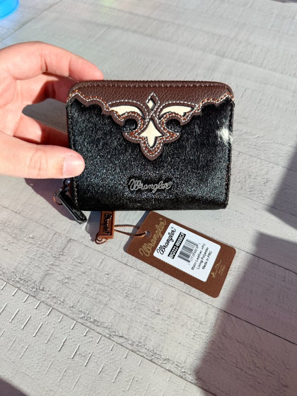 Wrangler Genuine Hair-On Cowhide Zip-Around Wallet - Coffee